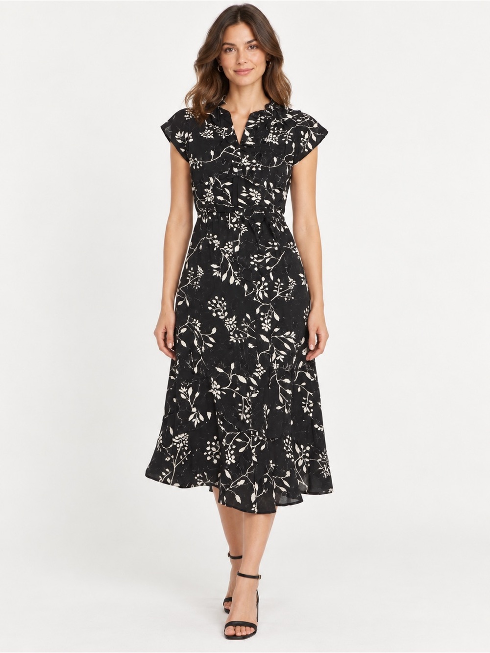 bobeau Black and White Floral Tie-Waist Midi Button Dress